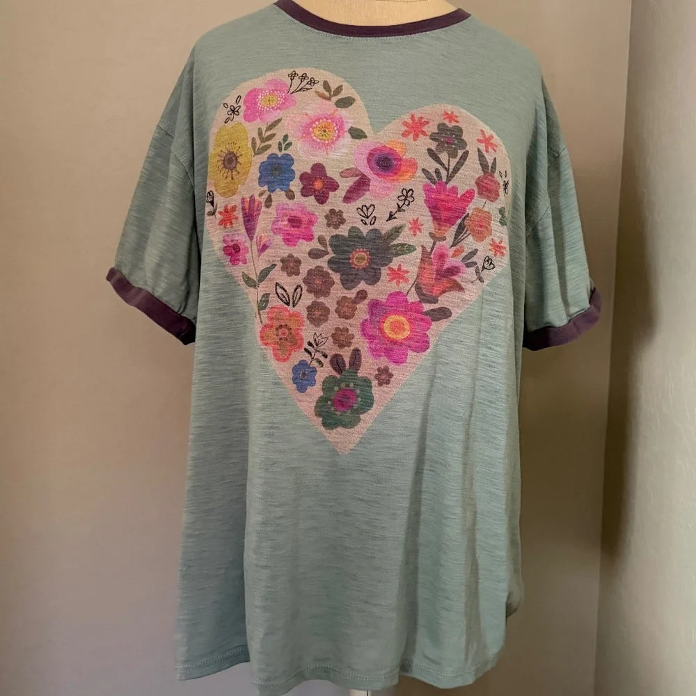 Natural Life Women's Oversized Ringer Floral Heart Colorful T-shirt Size XS - Picture 2 of 7